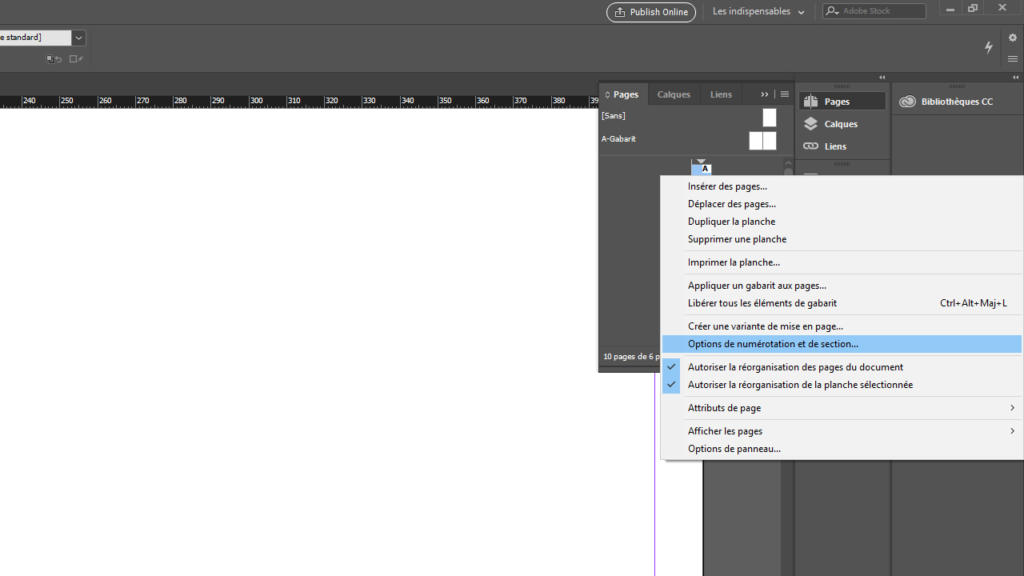 Capture d'écran de l'interface d'Adobe InDesign avec un menu déroulant ouvert, affichant diverses options en français. Ce menu propose des options telles que la duplication de pages et l'utilisation des « Seitenzahlen » d'InDesign pour numéroter les sections dans l'espace de mise en page d'un document.