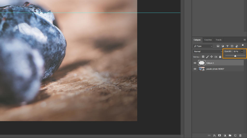 Gros plan sur un écran d'ordinateur présentant une interface de retouche photo dans Photoshop. Une image floue de myrtilles apparaît à gauche, tandis que des outils de retouche, des calques et une option de vignettage sont visibles à droite de l'écran.