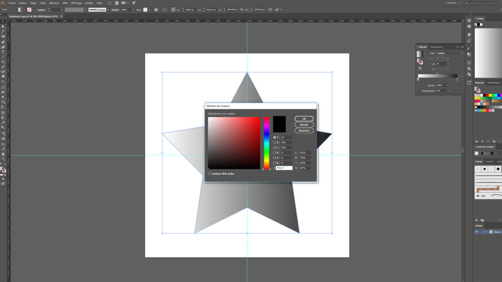Un écran d'ordinateur présente un logiciel de création graphique avec une étoile en son centre. Ouvert sur un monde de dégradés de couleurs, l'espace de conception de logos est entouré de barres d'outils et de menus, prêts à laisser libre cours à votre créativité.