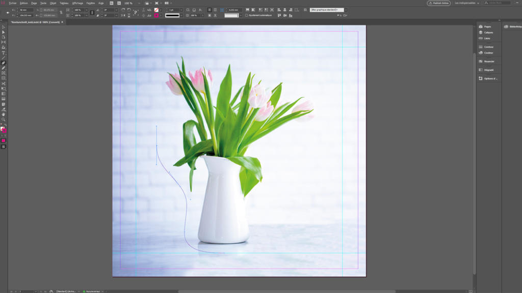 L'interface d'un logiciel de conception numérique affiche une photo de tulipes roses dans un vase blanc sur un mur de briques blanches. Des barres d'outils et des guides, enrichis par la fonction de découpe du contour, entourent la photo, indiquant qu'elle est en cours de modification ou de formatage.