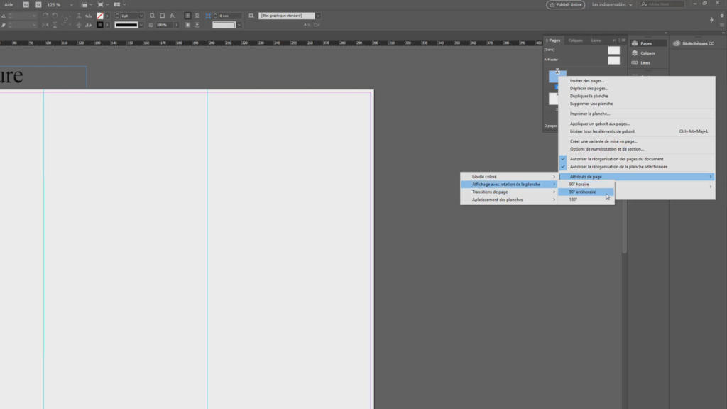 Capture d'écran de l'interface d'un logiciel de conception graphique affichant un document vide avec un guide bleu. En haut se trouve une barre d'outils et, à droite, un menu déroulant proposant des options de zoom comme « Ajuster l'écran » et « Afficher l'ensemble du plan de travail », idéal pour créer votre dépliant.