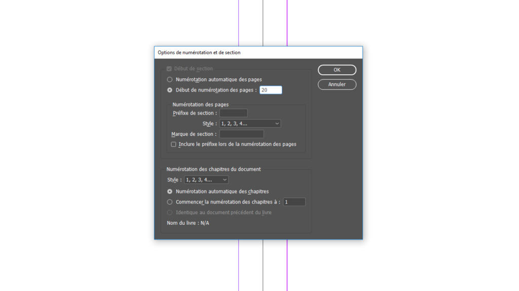 Capture d'écran d'une boîte de dialogue d'options de numérotation de page dans InDesign. L'utilisateur peut définir la numérotation des pages à partir d'un numéro choisi, sélectionner des styles comme 1, 2, 3 ou I, II, III, et activer la numérotation des chapitres. Actuellement, le numéro de page de départ est fixé à 20.