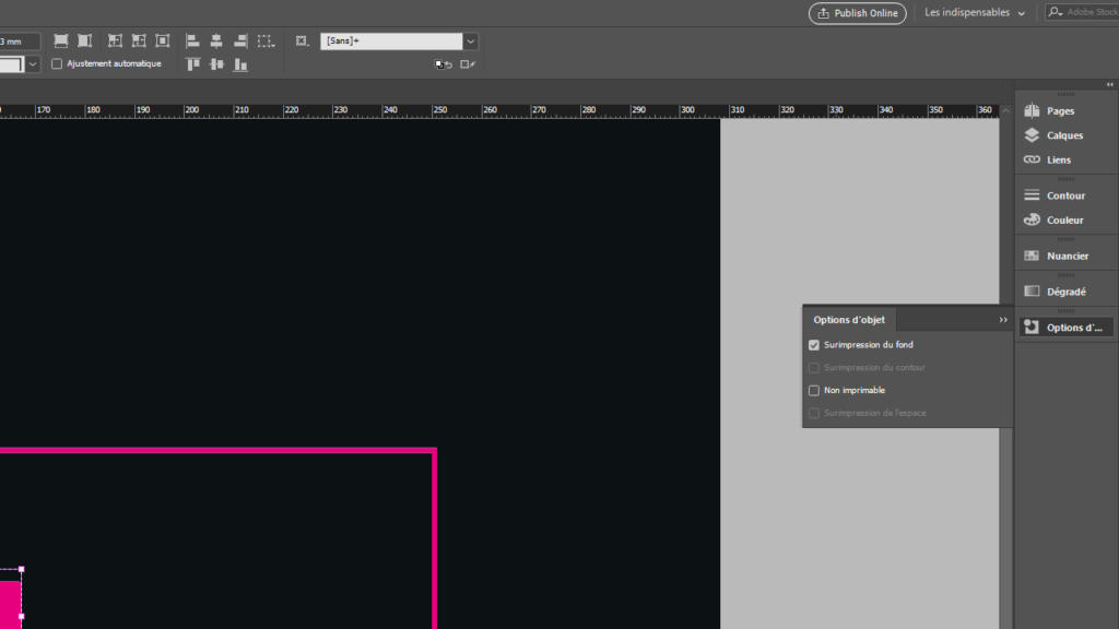 Capture d'écran de l'interface d'un logiciel de conception graphique. À gauche, une toile avec un fond sombre et un rectangle rose, rappelant Cinquième Couleur ; à droite, le panneau d'options affichant les options de l'objet. La barre d'outils et le menu sont visibles en haut.