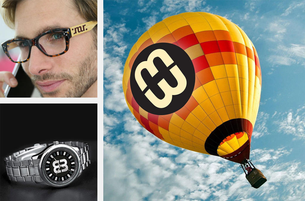 Un collage avec quatre images : une personne portant des lunettes, une montgolfière avec un logo ambigramme contre le ciel, un gros plan d'une montre de créateur et le logo représenté en noir et blanc, ressemblant à une lettre B et un chiffre 3 entrelacés.