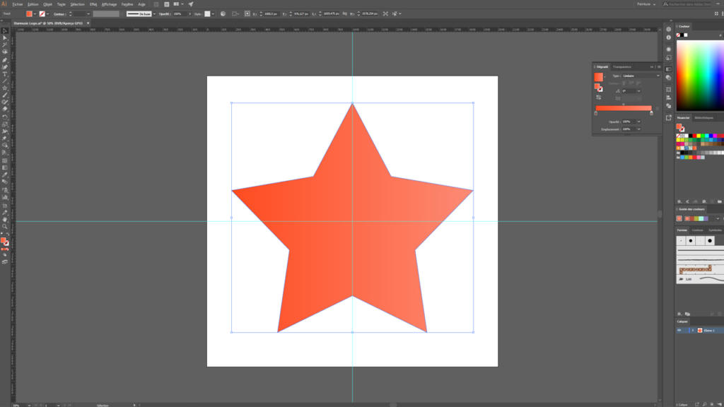 Un écran d'ordinateur présentant l'interface d'un logiciel de conception comporte une grande étoile orange en son centre. Cette étoile, sur fond blanc, fait partie du processus de conception de logos. Les barres d'outils et les options de couleurs sont clairement visibles sur le côté droit.