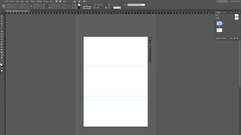 Capture d'écran de l'interface d'Adobe InDesign affichant un document A4 vierge avec repères, idéal pour créer un dépliant élégant. Le panneau des calques affiche deux calques intitulés « Rectangle » et « Calque 1 », tandis que la barre de menus et les options d'outils sont bien visibles en haut.