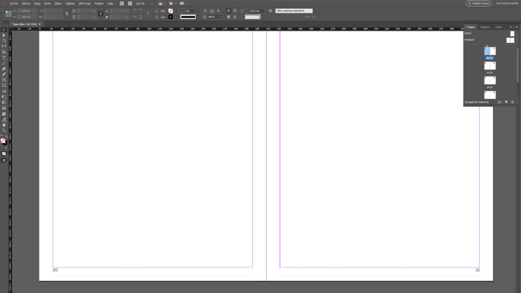 Capture d'écran d'une interface de logiciel de conception, rappelant InDesign, montrant une mise en page sur deux pages avec des règles en haut et à gauche. Les pages sont vierges et comportent des marges violettes. Plusieurs barres d'outils et panneaux sont visibles sur les côtés pour ajouter des éléments tels que des Seitenzahlen.