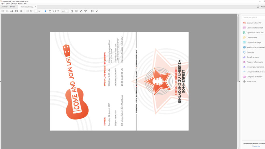 Dépliant pour un festival estival, orné de symboles musicaux orange et gris. Le côté gauche invite à la participation. Les informations incluent la date, les groupes et l'entrée gratuite, ainsi que les coordonnées. Le design est orné d'une illustration de guitare et d'un motif d'étoile pour une expérience inoubliable.