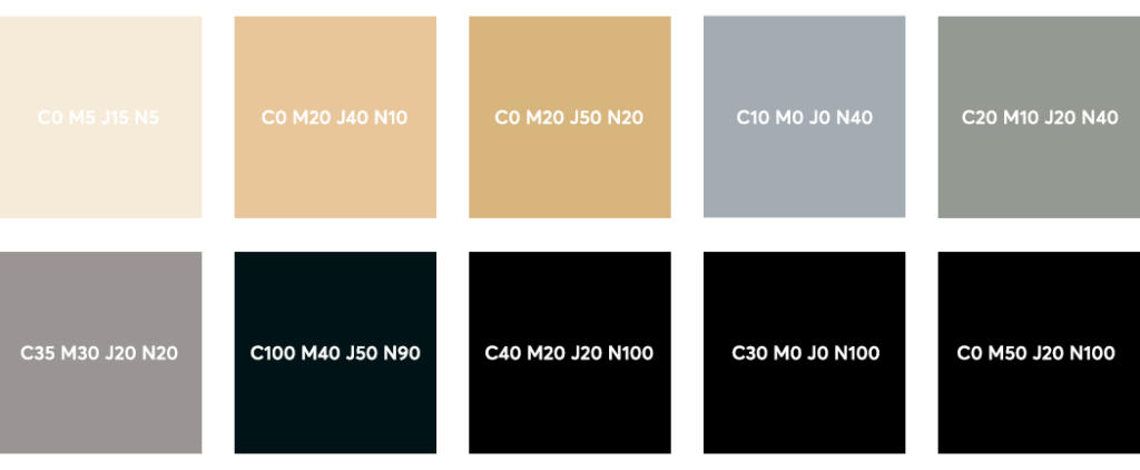 Couleurs CMJN : blanc crème, beige, gris, noir et noir profond