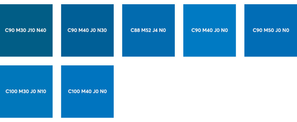 Sept carrés bleus, chacun avec du texte blanc reflétant les Couleurs CMJN : C90 M30 J10 N40, C90 M40 J0 N30, C88 M52 J4 N0, C90 M40 J0 N0, C90 M50 J0 N0, C100 M30 J0 N10 et C100 M40 J0 N0.