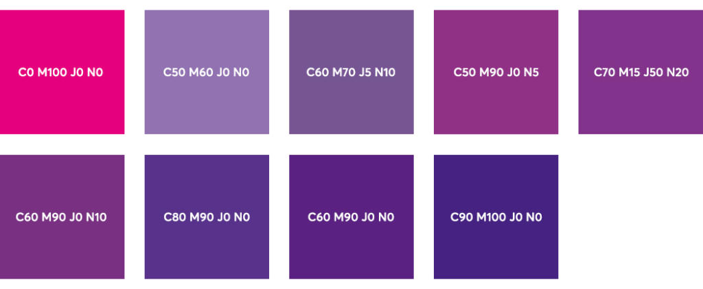 Couleurs CMJN : rose fuchsia, mauve et violet