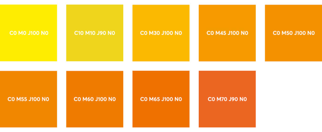 Couleurs CMJN : jaune vif, jaune citron, orange et orange foncé