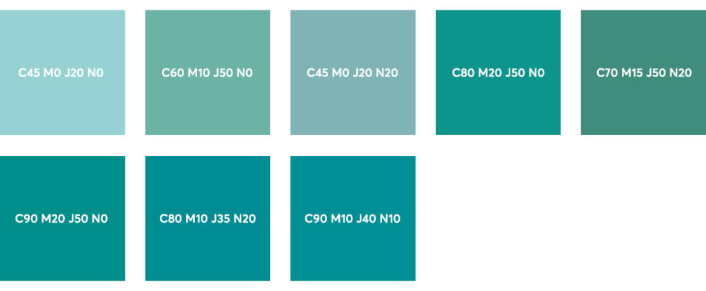 Une grille de huit carrés colorés, chacun étiqueté avec les valeurs Couleurs CMJN. La palette s'étend du bleu sarcelle clair au bleu sarcelle foncé, avec des libellés spécifiques tels que C45 M0 J20 N0 et C90 M10 J40 N10.
