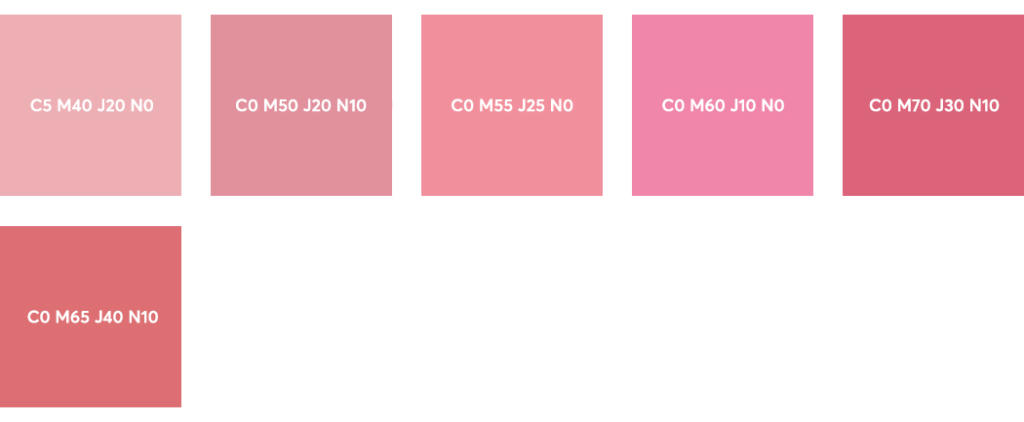Un dégradé de six échantillons roses Couleurs CMJN est astucieusement disposé horizontalement, étiquetés : C5 M40 J20 N0, C0 M50 J20 N10, C0 M55 J25 N0, C0 M60 J10 N0, C0 M70 J30 N10 et C0 M65 J40 N10.