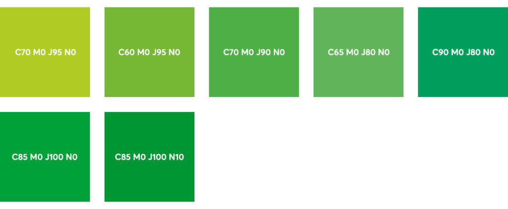 Couleurs CMJN : vert vif, jaune vert, vert