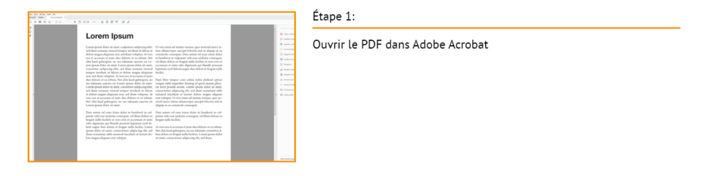 Une capture d'écran capture Adobe Acrobat affichant un document intitulé Lorem Ipsum. À droite, le texte indique Étape 1 : Ouvrir le PDF dans Adobe Acrobat pour incorporer des politiques de caractères.