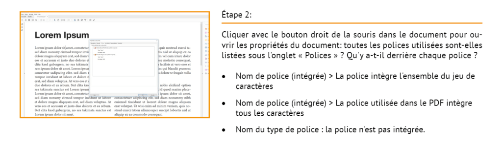 Une diapositive d'instructions présente une capture d'écran des propriétés du document dans un lecteur PDF, expliquant comment incorporer des polices de caractères avec des détails de police visibles. Une explication en français sur l'intégration des polices accompagne le texte surligné, Lorem Ipsum, à gauche.