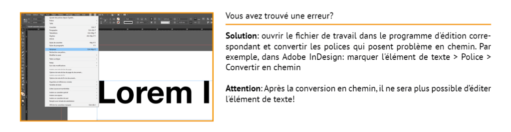Une capture d'écran montre une interface logicielle présentant un menu déroulant et un texte en surbrillance contenant le mot Lorem. À droite, des instructions en français détaillent les solutions aux problèmes de polices dans Adobe InDesign, soulignant les solutions et les avertissements de conversion lors de l'intégration des polices de caractères.