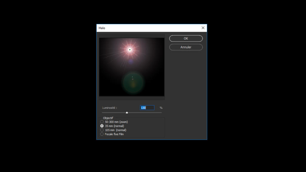Une capture d'écran de l'interface d'un logiciel présente un effet Halo avec une précision digne d'un lensflare Photoshop. La scène présente une lumière vive et un lensflare sur fond noir, offrant des options de réglage comme l'intensité lumineuse, le type d'objectif (35 mm, 50-300 mm) et des boutons OK et Annuler.