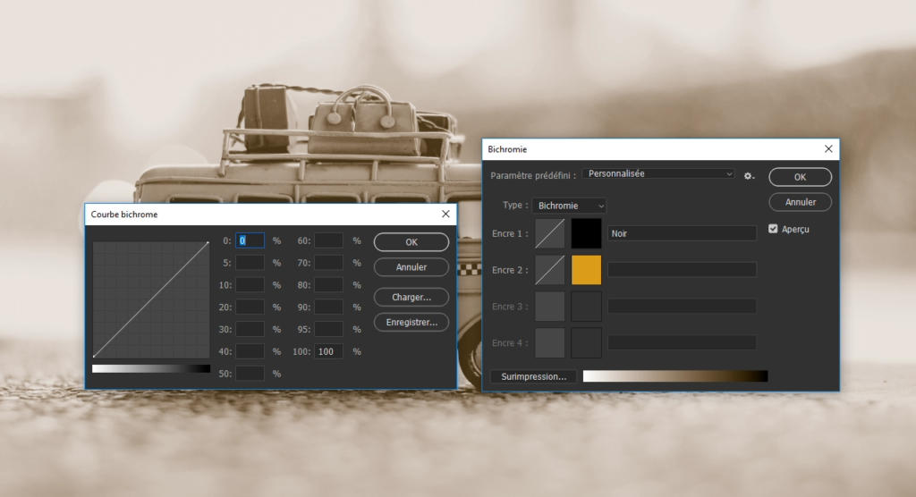 Une interface de retouche numérique rappelant Photoshop révèle des outils de réglage des couleurs superposés à l'image d'une petite voiture vintage. Des tons sépia et des réglages bichromie avec courbes personnalisables remplissent deux fenêtres, tandis que la petite voiture reste légèrement floue en arrière-plan.