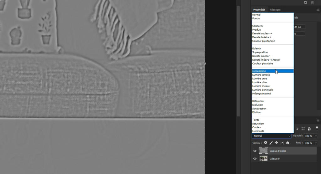 Une interface de retouche photo affiche un panneau proposant différents paramètres de manipulation d'images. Grâce au filtre passe-haut, un effet texturé en relief en niveaux de gris met en valeur l'image d'un canapé orné d'une couverture et de plantes en pot.