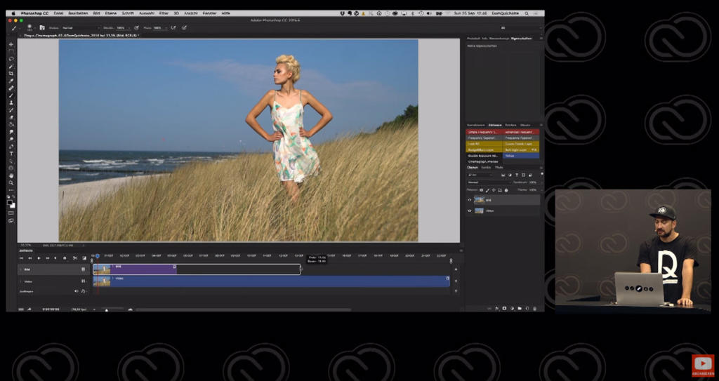 Capture d'écran d'un tutoriel vidéo présentant un logiciel de retouche d'images. Une photo d'une femme en robe blanche est transformée en cinémagraphes fascinants au milieu des hautes herbes de la plage. L'instructeur apparaît dans le coin, tandis qu'une barre latérale avec des outils est visible à droite.