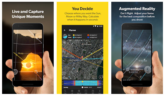 Trois captures d'écran d'une application de photographie. La première montre un téléphone capturant un coucher de soleil, intitulée « Live » et « Capture Unique Moments ». La deuxième affiche une interface cartographique, intitulée « You Decide ». La troisième présente une vue du ciel en réalité augmentée, parfaitement intégrée à vos outils de retouche photo préférés.