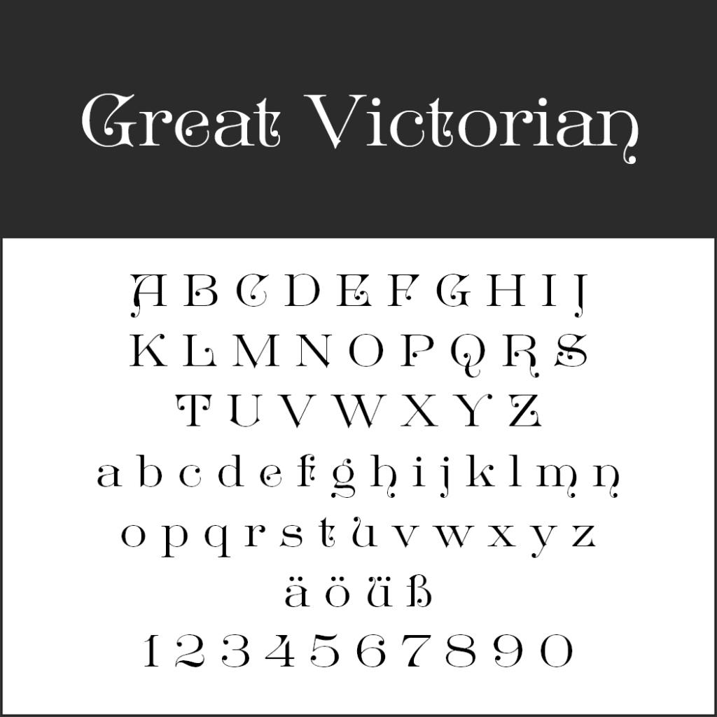 Image en noir et blanc présentant la police Great Victorian, idéale pour les menus. Elle comprend des lettres majuscules et minuscules, des caractères spéciaux avec trémas et des chiffres de 0 à 9. Cette police arbore un style vintage et ornemental.