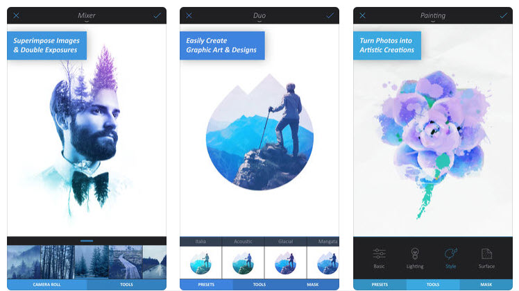 Trois écrans d'interface d'application mobile présentent de puissants outils de retouche photo : Mixer avec des effets de double exposition, Duo pour créer des œuvres d'art graphique avec des silhouettes et Painting pour transformer des photos en créations artistiques vibrantes, le tout dans un logiciel de retouche photo de premier ordre.