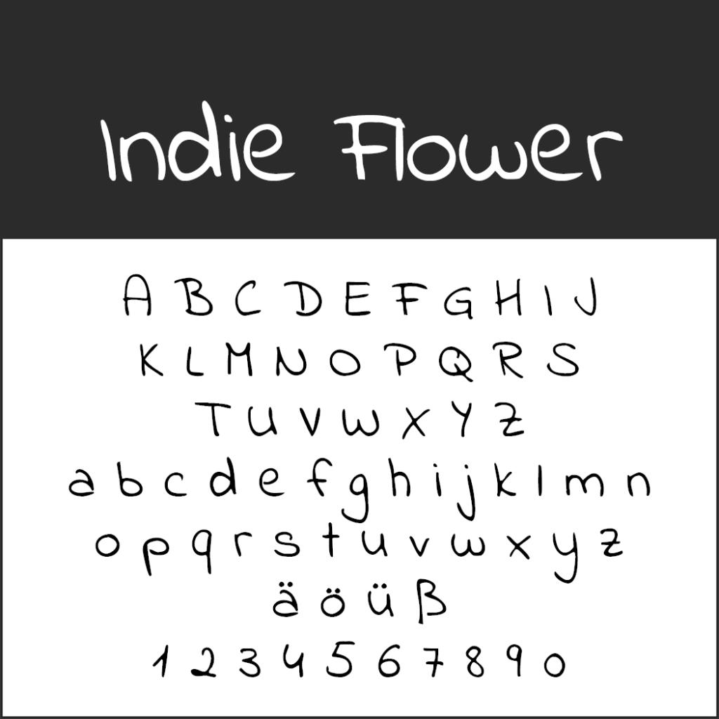 Présentation de la police Indie Flower, idéale pour les menus, mettant en valeur les lettres majuscules et minuscules, les chiffres de 0 à 9 et les caractères spéciaux. Cette police présente un style manuscrit décontracté sur fond blanc avec un en-tête noir intitulé Indie Flower.