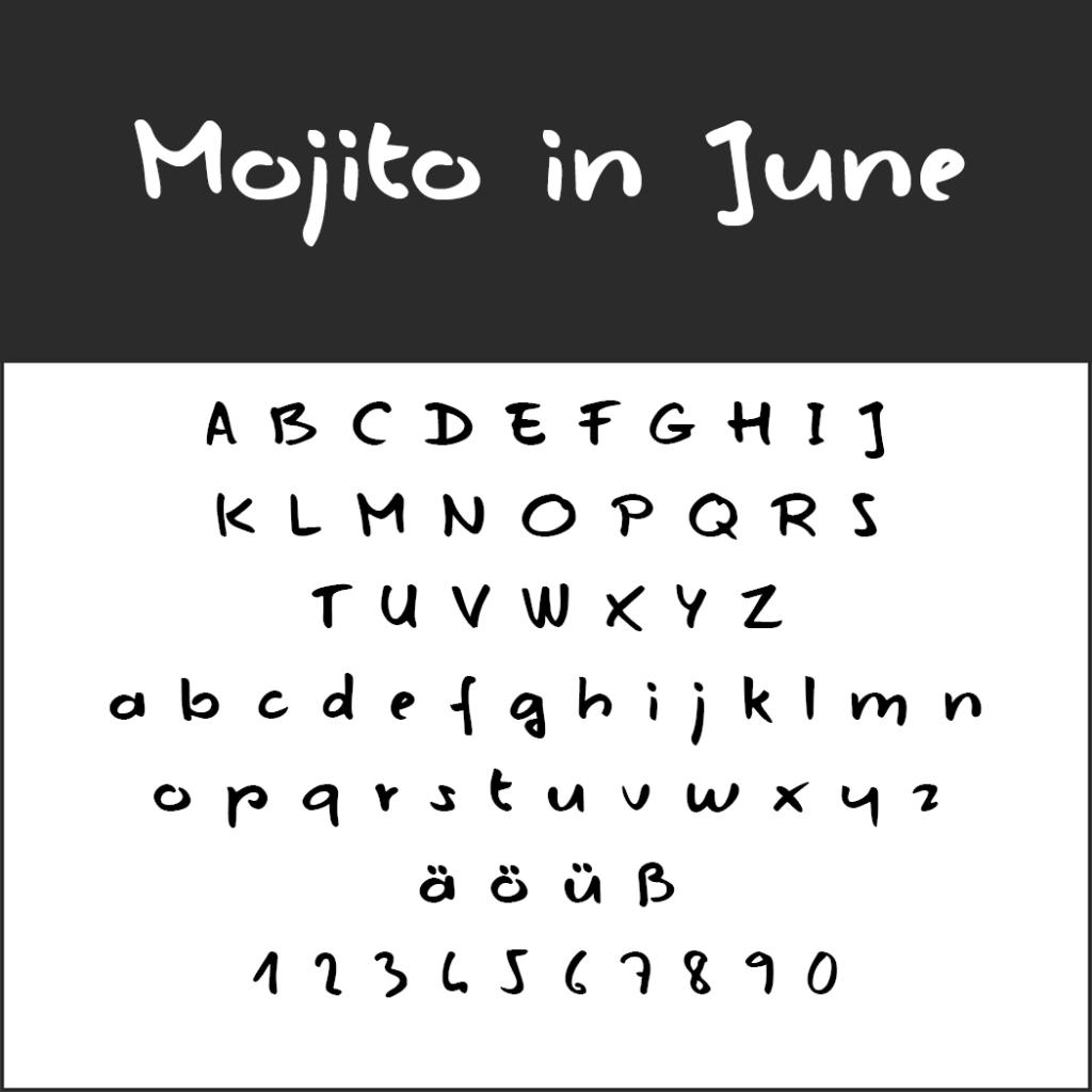 Cette image en noir et blanc présente une police de menu originale nommée Mojito en juin. Elle met en valeur les lettres majuscules et minuscules de A à Z, les trémas ä, ö, ü et les chiffres de 0 à 9. Ce design ludique est idéal pour ajouter une touche de dessin à la main à tout menu ou projet créatif.