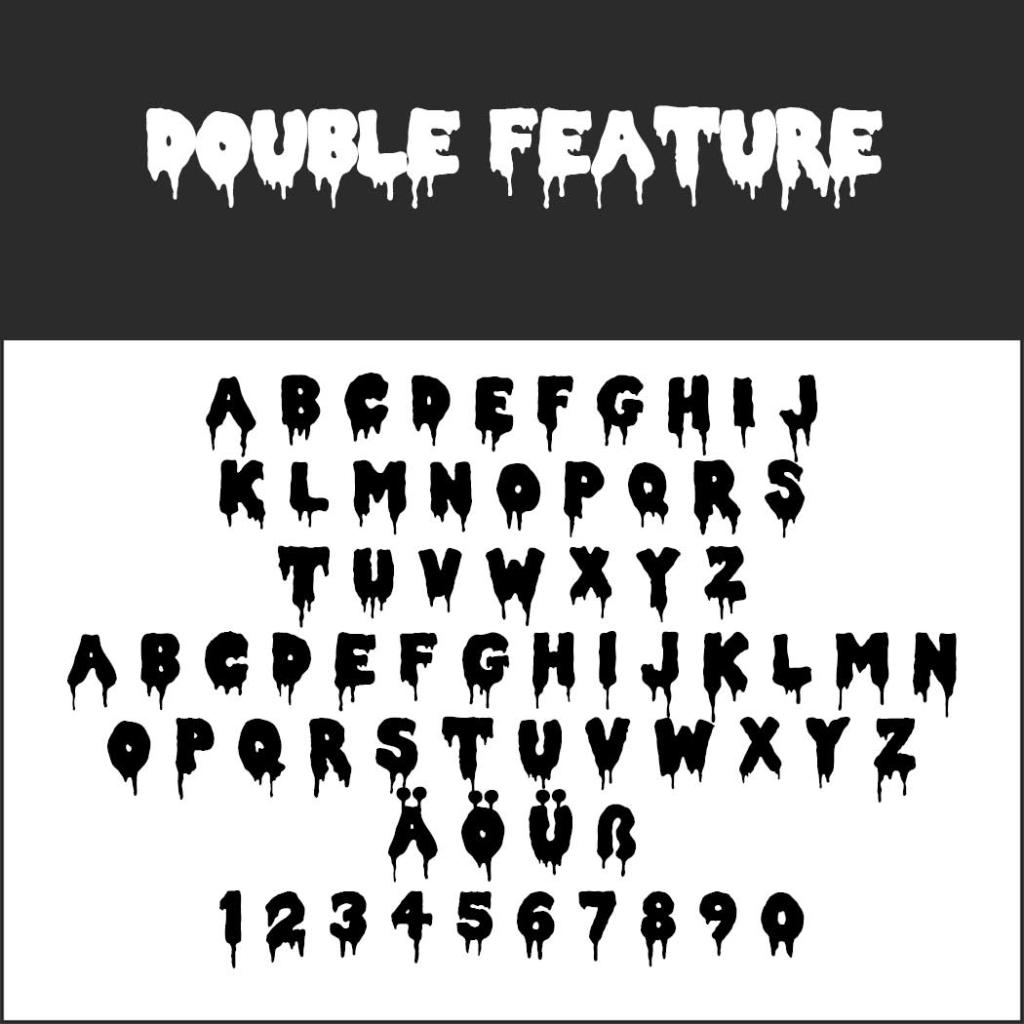 Présentation d'une police d'écriture sur le thème de l'horreur intitulée Double Feature. Les lettres A à Z et les chiffres 0 à 9 sont conçus pour donner l'impression d'être ruisselants de liquide, parfait pour créer un effet effrayant et inquiétant sur vos affiches de films d'horreur ou toute autre police d'écriture nécessitant une touche de glaçage.