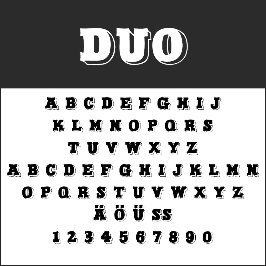 L'image présente la police DUO, parfaite pour les polices pour affiches, avec des lettres majuscules de A à Z, des caractères supplémentaires pour différentes langues et des chiffres de 0 à 9. Son style audacieux et son effet d'ombre se détachent de manière frappante sur le fond blanc.