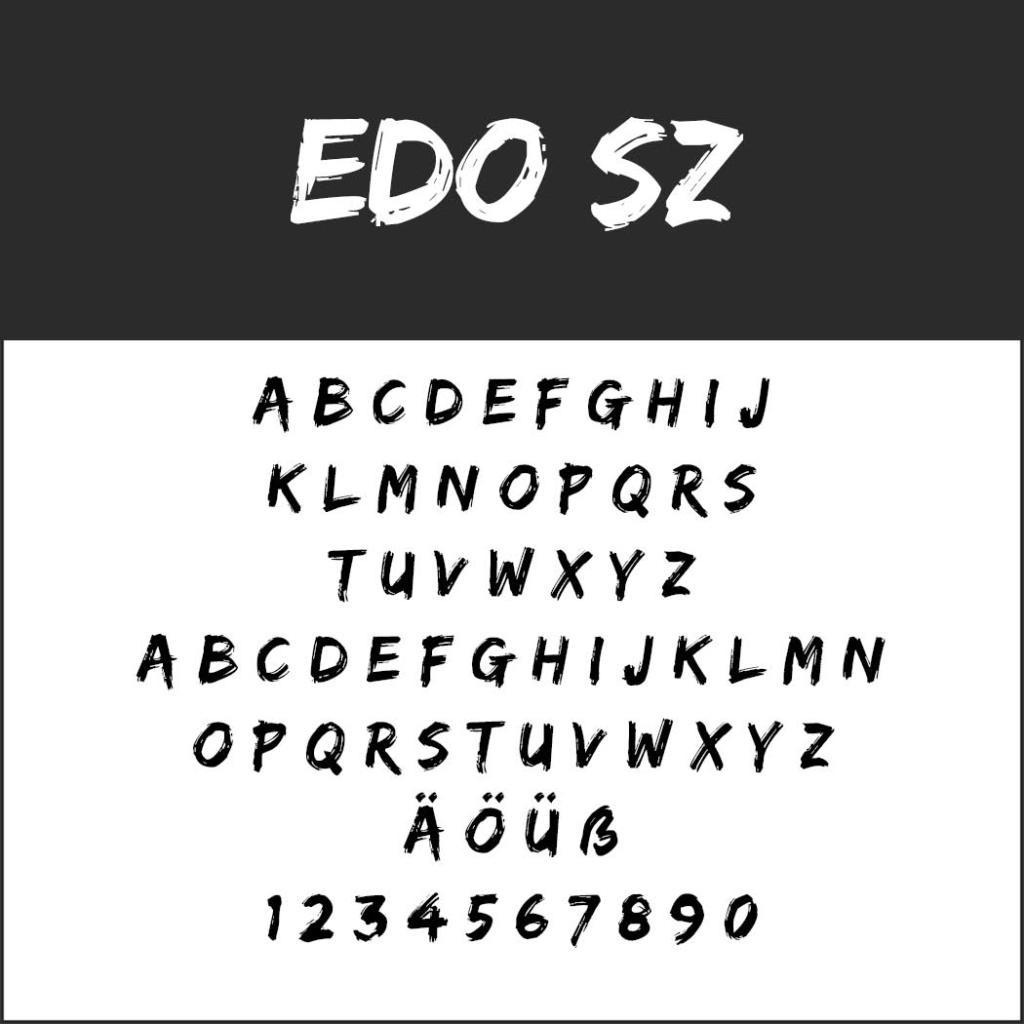 L'image présente la police Edo SZ en majuscules, avec l'alphabet anglais et les trémas allemands Ä, Ö, Ü, ainsi que les chiffres de 0 à 9. Avec son style audacieux et manuscrit, cette police est idéale pour les polices pour affiches.