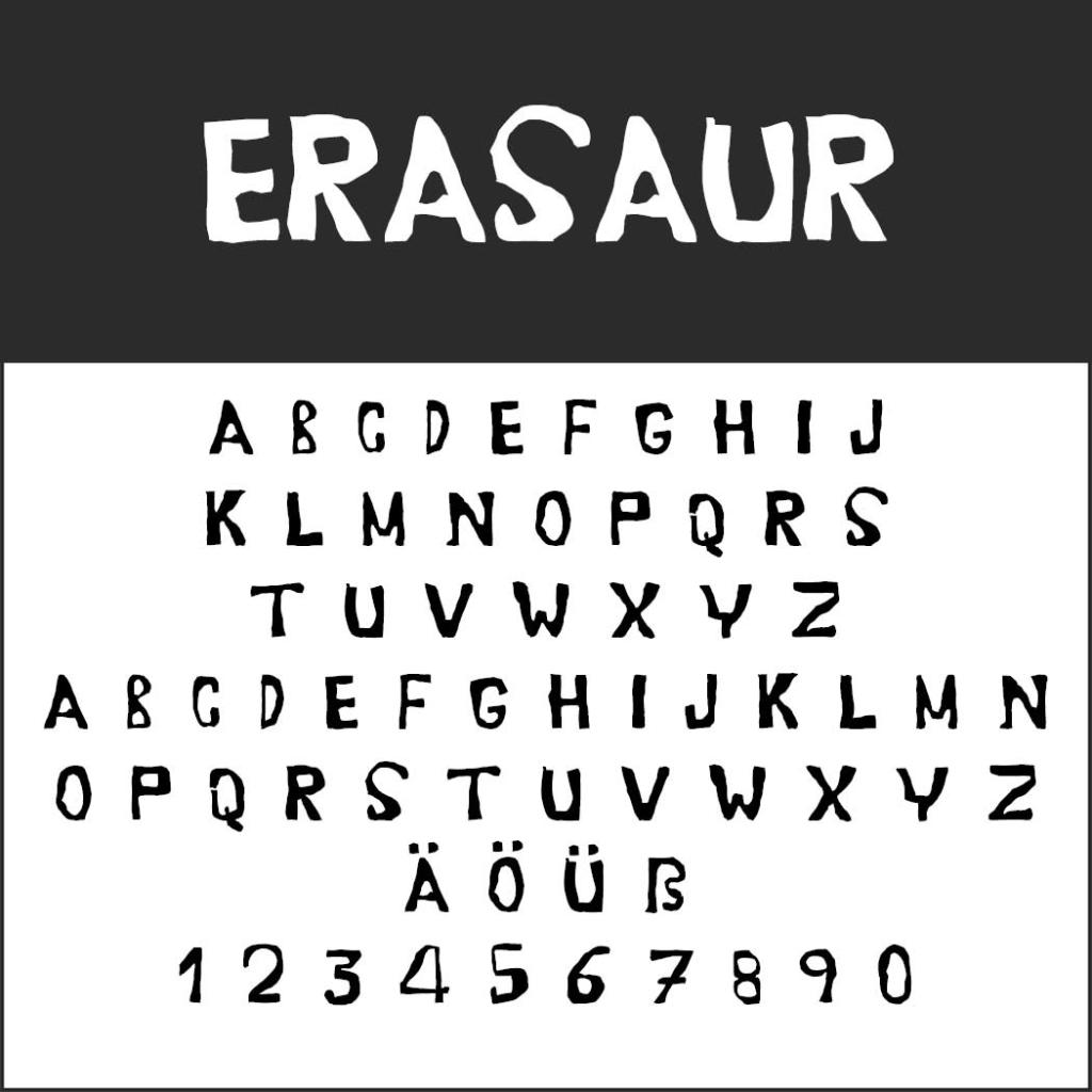Exemple de police stylisée intitulée ERASAUR, en lettres blanches et grasses sur fond noir, idéale pour les affiches. Découvrez ci-dessous les lettres majuscules noires de A à Z, certaines répétées, les chiffres de 0 à 9 et les caractères spéciaux accrocheurs Ä, Ö, Ü, dans le même style dynamique.