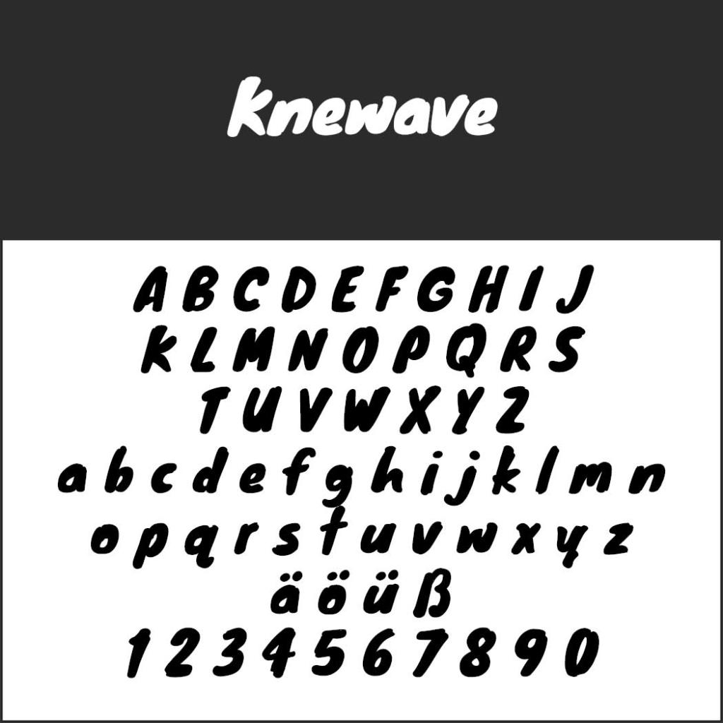 La police Knewave, parfaite pour les polices pour affiches, présente des lettres majuscules et minuscules, des caractères accentués et des chiffres de 0 à 9 dans un style audacieux et incurvé qui attire particulièrement l'attention.