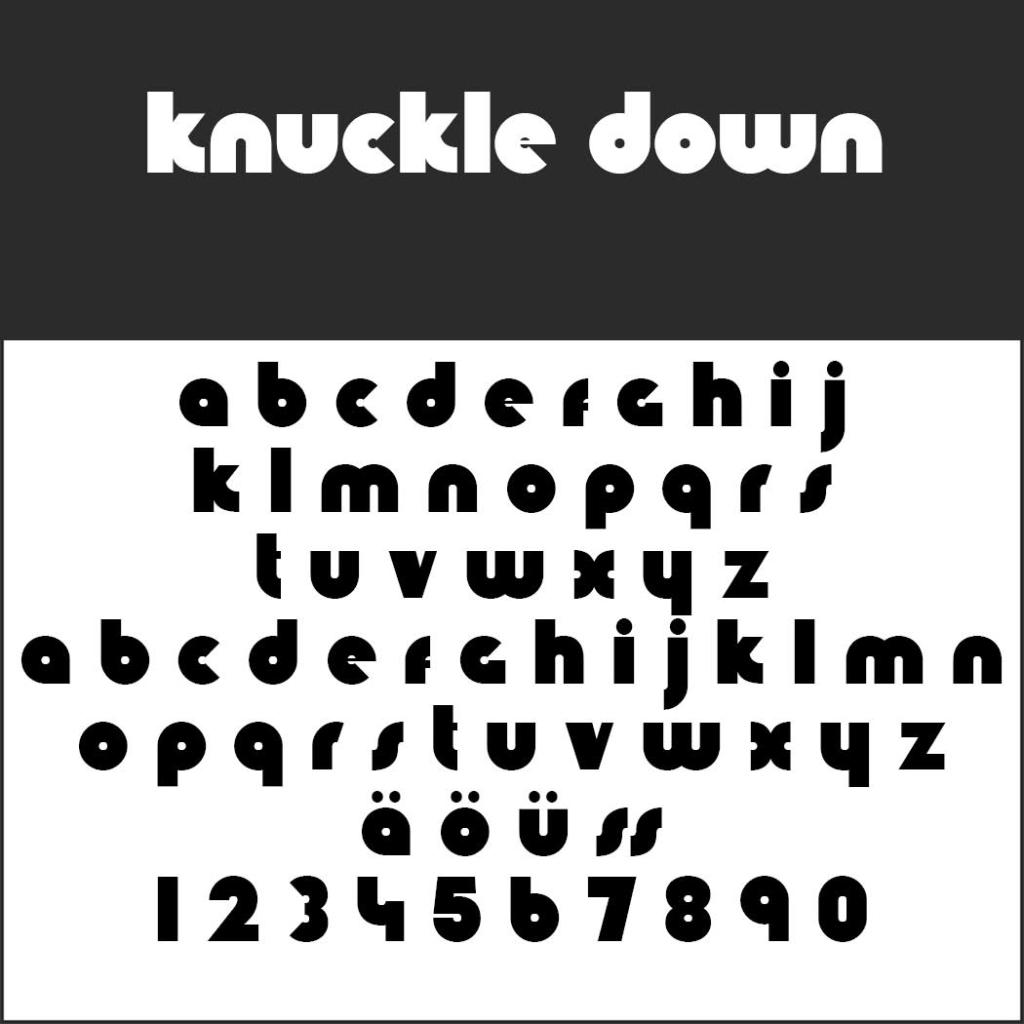 Une image en noir et blanc mettant en valeur la police Knuckle Down, idéale pour les affiches. Elle comprend des majuscules, des minuscules, des caractères spéciaux (ä, ö, ü, ß) et des chiffres. Son style audacieux et arrondi évoque un esprit rétro.