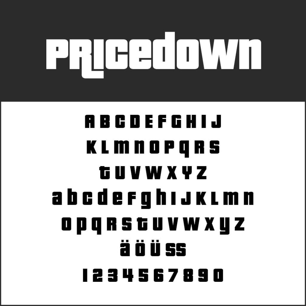 Image textuelle affichant une police sans empattement audacieuse nommée PRICE DOWN, idéale pour les polices d'affiches. L'échantillon comprend des lettres majuscules et minuscules, des caractères spéciaux comme ä et ß, ainsi que des chiffres de 0 à 9, le tout dans un style cohérent et en blocs.