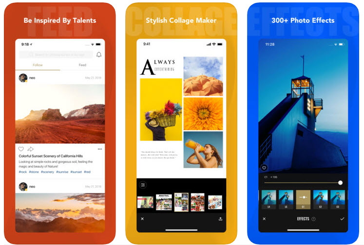 L'interface de l'application comprend trois sections verticales : un flux de médias sociaux intitulé « Inspirez-vous des talents », un créateur de collages élégant avec des options de retouche d'images et plus de 300 effets photo. Idéal pour tous ceux qui recherchent une expérience intuitive de retouche photo.