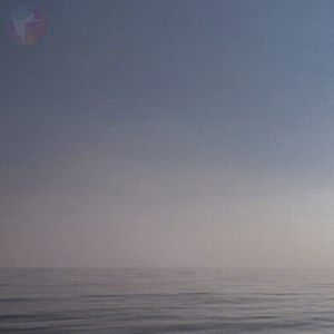 Une scène océanique paisible, digne d'un cinémagraphe, se déroule sous un ciel bleu, avec un corps céleste flou et discret ornant le coin supérieur gauche. L'horizon brumeux se fond harmonieusement dans l'eau calme et ondulante.