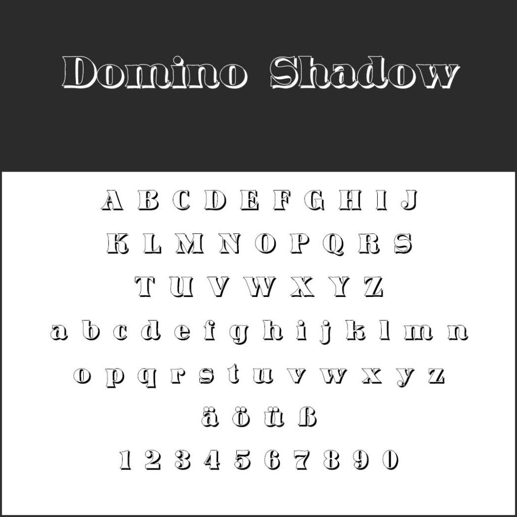 Image textuelle présentant la police Domino Shadow, idéale pour les projets de coloriage policier. Comprend les lettres majuscules et minuscules de A à Z, les chiffres de 0 à 9 et les caractères spéciaux ä, ö, ü, ß, le tout rehaussé d'un effet d'ombre unique.