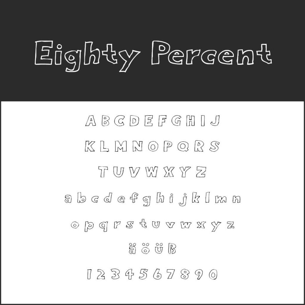 Une image en noir et blanc présente une police de caractères nommée Eighty Percent, composée de lettres majuscules et minuscules, de chiffres et de caractères spéciaux. Les lettres arborent un style dessiné à la main, rappelant une police à colorier.