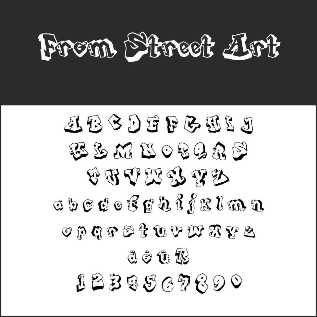 L'image présente un texte de style graffiti indiquant « From Street Art » en haut. En dessous, l'alphabet apparaît en majuscules et en minuscules, accompagné des chiffres de 0 à 9, le tout dans une police street art éclatante rappelant un livre de coloriage de la police.