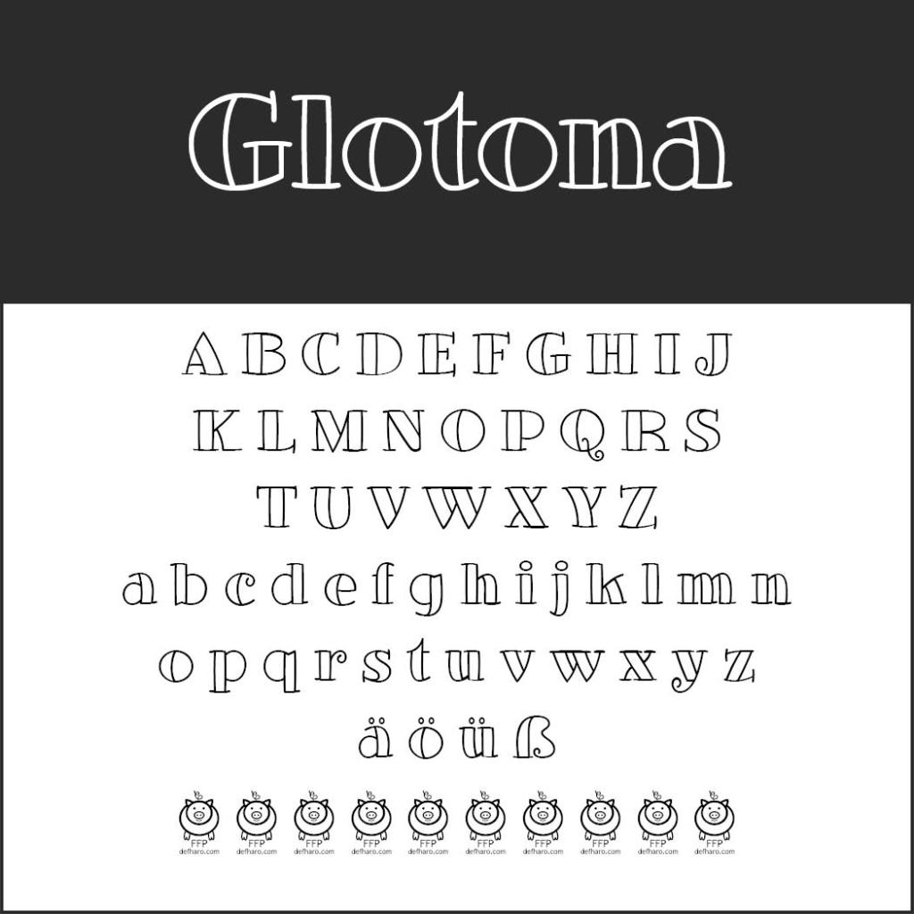 La police Glotona comporte des majuscules et des minuscules, ainsi que des caractères spéciaux comme les trémas. Chaque lettre est soulignée d'un style fin et élégant, rappelant celui d'une police à colorier. Des icônes de style cartoon, dont un visage tirant la langue, ornent le bas.