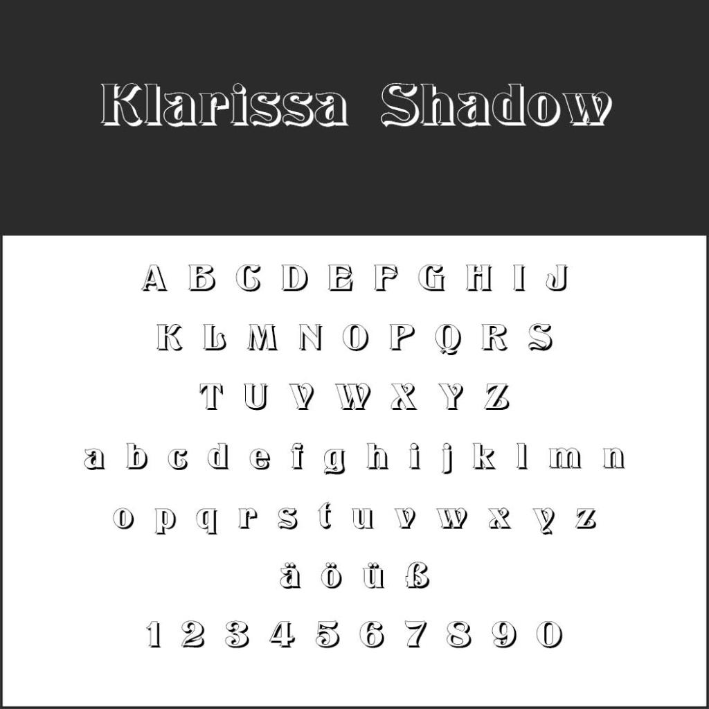 Affichage de la police Klarissa Shadow en majuscules et minuscules, y compris les caractères spéciaux et les chiffres. Le texte présente un effet d'ombre rappelant une police à colorier. Le fond est blanc, avec le nom de la police élégamment placé en haut sur un fond noir.