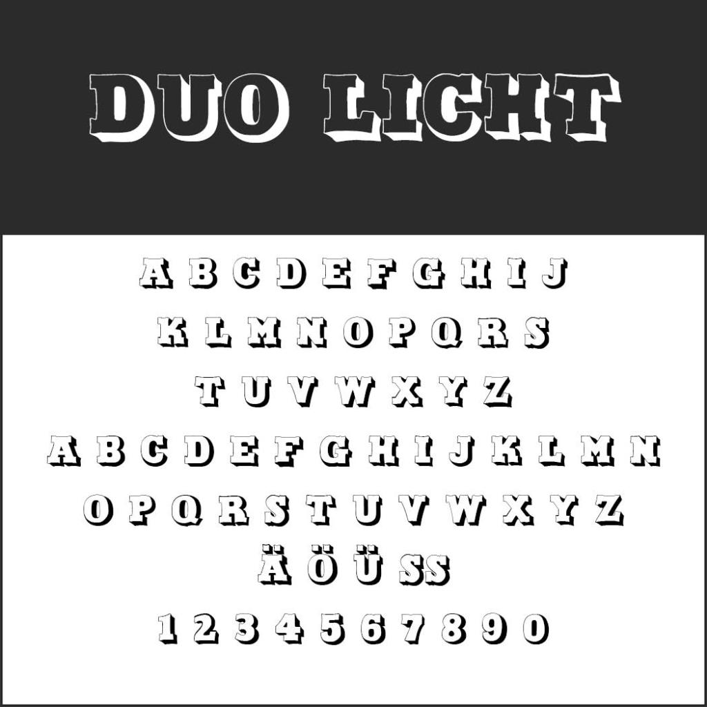Une image en noir et blanc illustre la police Duo Licht en lettres stylisées et audacieuses, rappelant le thème de la police à colorier. L'alphabet complet apparaît en majuscules, aux côtés des chiffres de 0 à 9 et des caractères spéciaux Ä, Ö, Ü, ß.