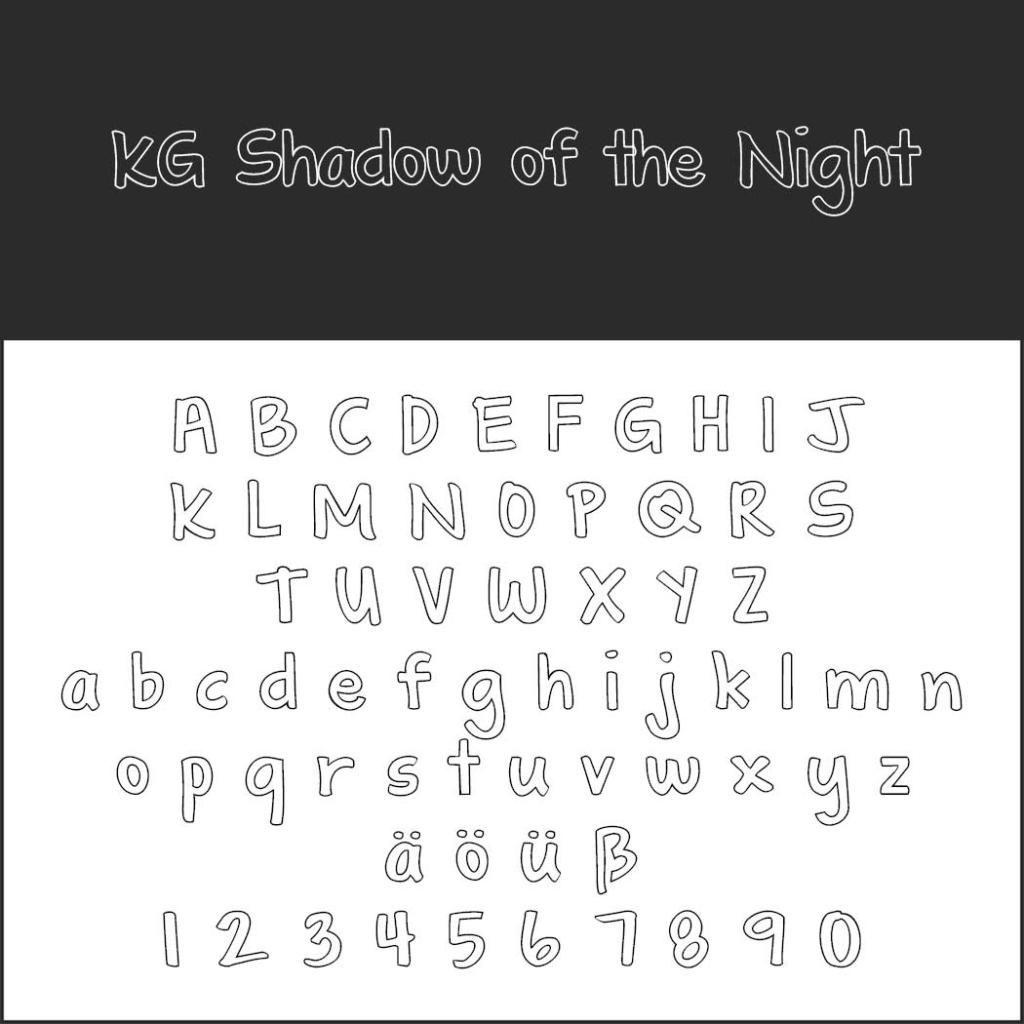 Police de caractères dessinée à la main intitulée KG Shadow of the Night sur fond noir. Idéale pour les amateurs de polices à colorier, elle comprend l'alphabet complet en majuscules, minuscules, trémas (ä, ö, ü, ß) et chiffres de 0 à 9 sur un fond blanc contrasté.