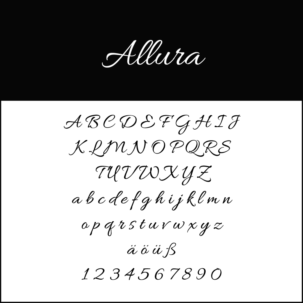 L'image présente un échantillon de police nommé Allura, en écriture cursive élégante, parfait pour les polices de mariage. Elle présente l'alphabet anglais complet en majuscules et minuscules, y compris les caractères accentués ä, ü, ß, suivis des chiffres de 0 à 9, sur un fond noir et blanc classique.