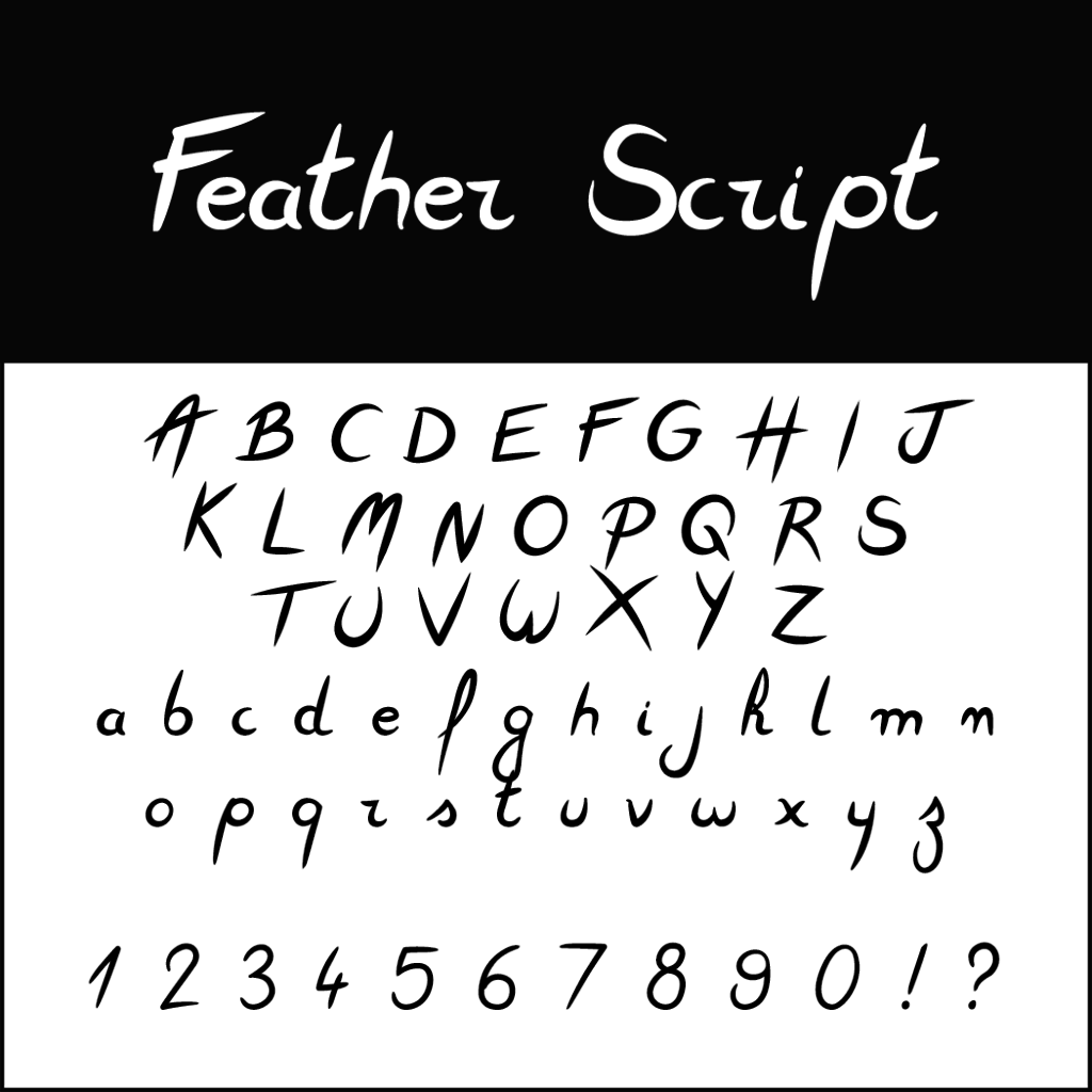 Image d'affichage de la police Feather Script, idéale pour les polices de mariage. Elle présente des lettres majuscules et minuscules de A à Z, des chiffres de 0 à 9 et des signes de ponctuation, le tout dans une élégante écriture cursive sur fond noir et blanc.