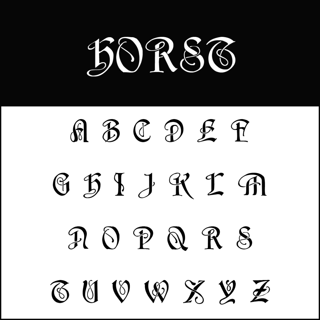 Une police décorative au style calligraphique, idéale pour les polices de mariage. Le texte supérieur est « FONT » en grandes lettres. Chaque lettre est ornée de volutes et d'embellissements complexes, créant un effet ornemental sur un fond blanc et noir.
